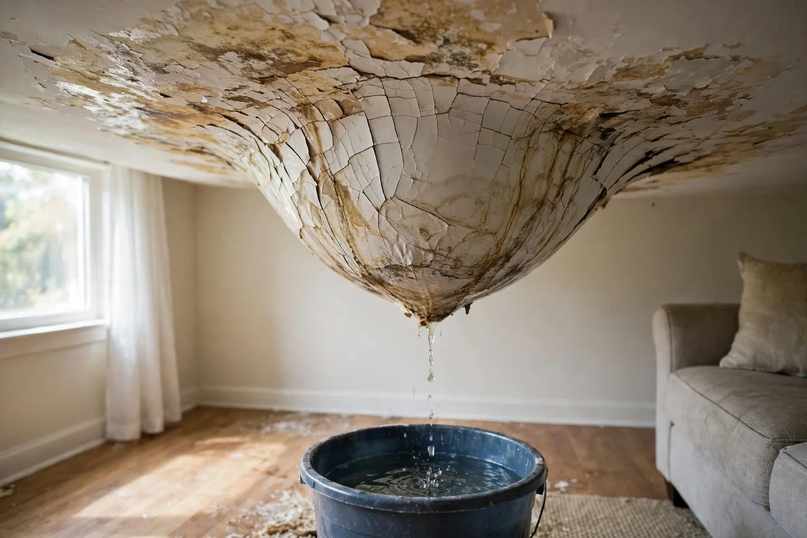 A sagging, water-filled ceiling dripping into a bucket in a Boca Raton home