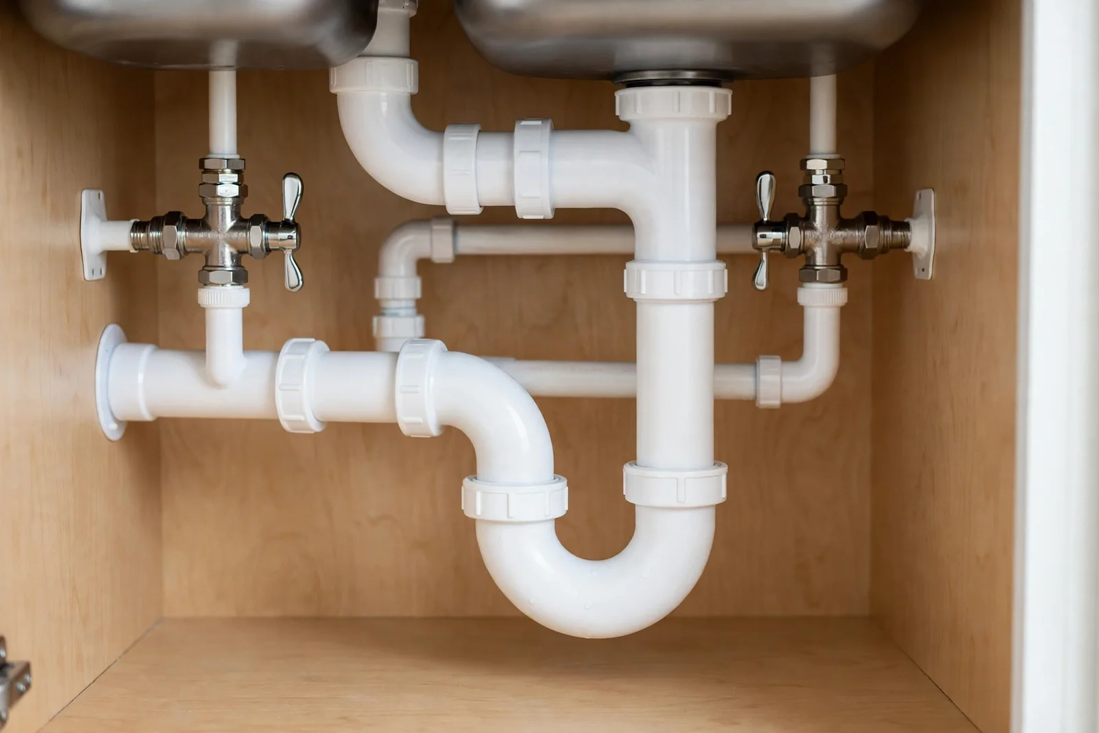 Under-sink plumbing and shutoff valves in a Boca Raton home
