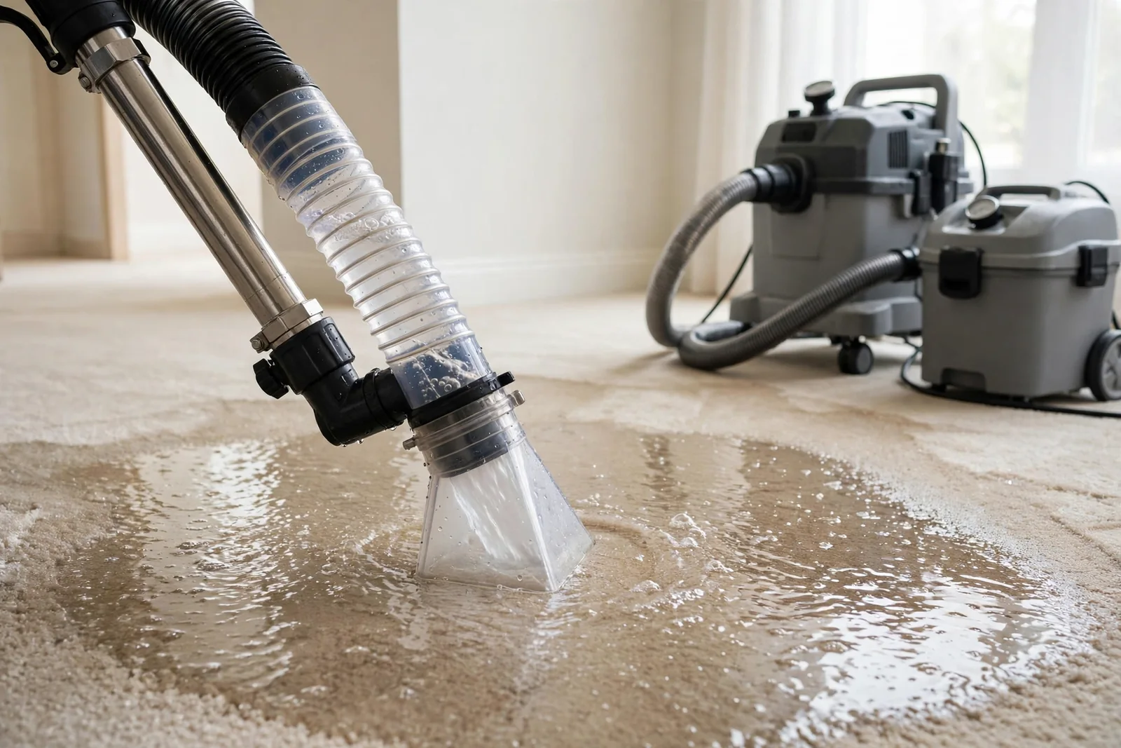 Water extraction equipment removing flood water from carpet in a Boca Raton home